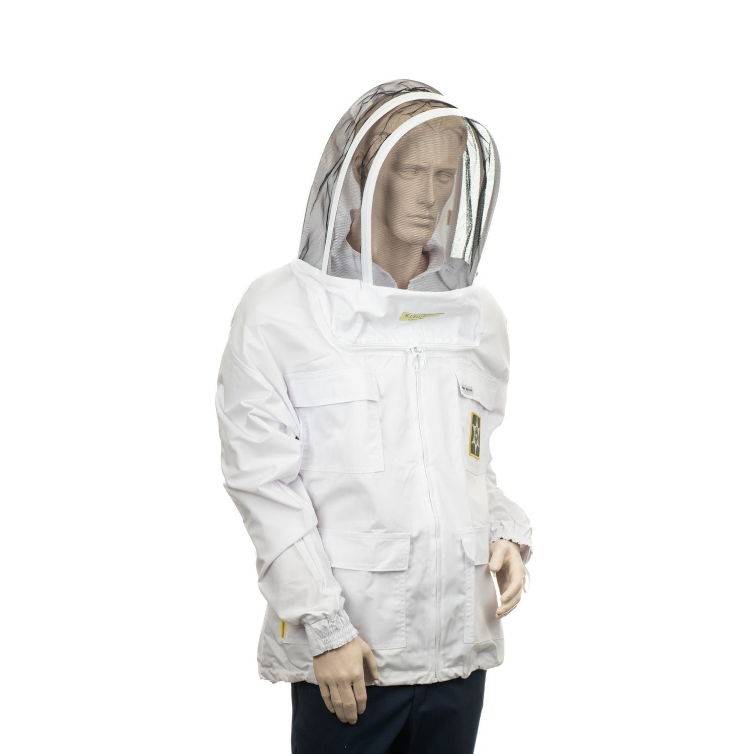 A mannequin wearing a white beekeeping jacket with a front zipper closure, elasticated hems, and a high-quality nylon veil on a white background