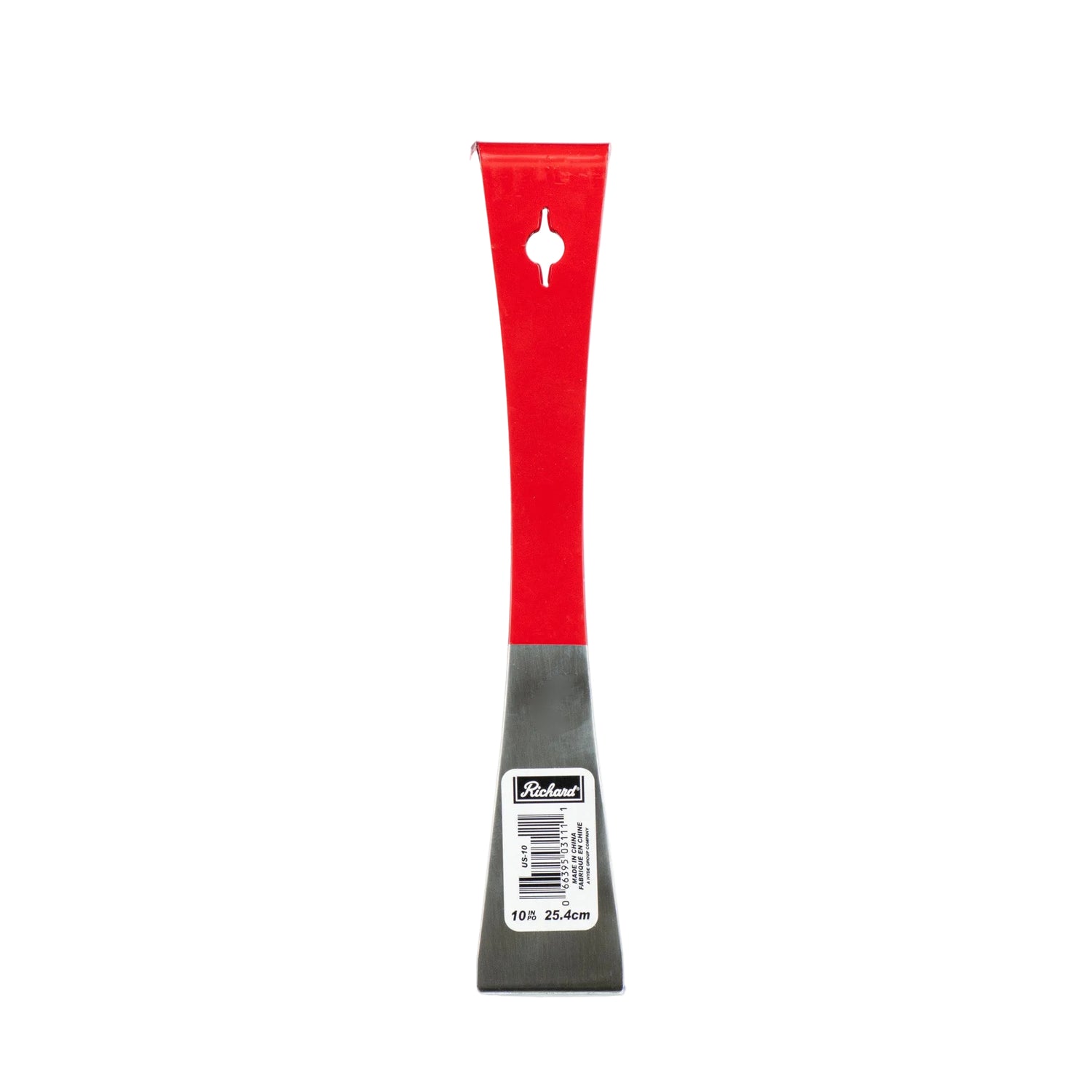 A 9 1/2 inch hive tool with a red handle and a gray steel head, designed for beekeeping activities on a white background.