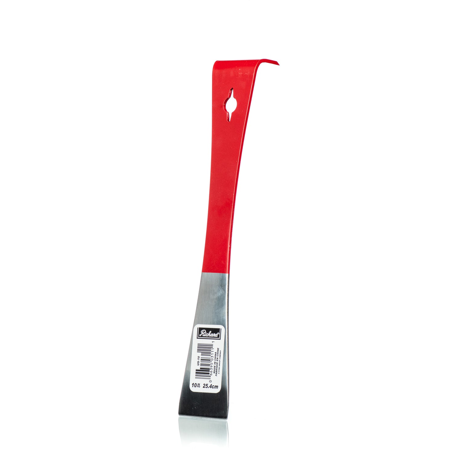 A side view of a 9 1/2 inch hive tool with a red handle and a gray steel head, designed for beekeeping activities on a white background.