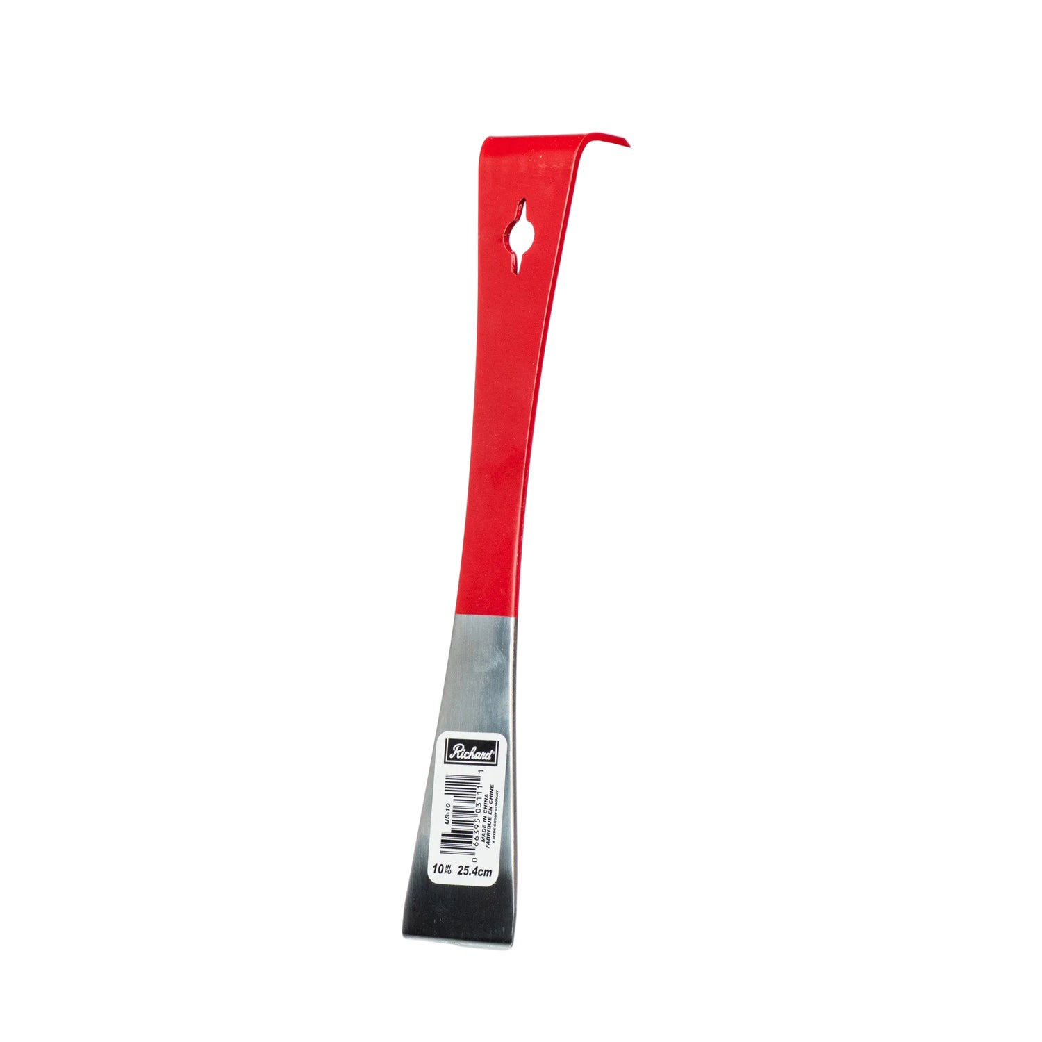 A side view of a 9 1/2 inch hive tool with a red handle and a gray steel head, designed for beekeeping activities on a white background.