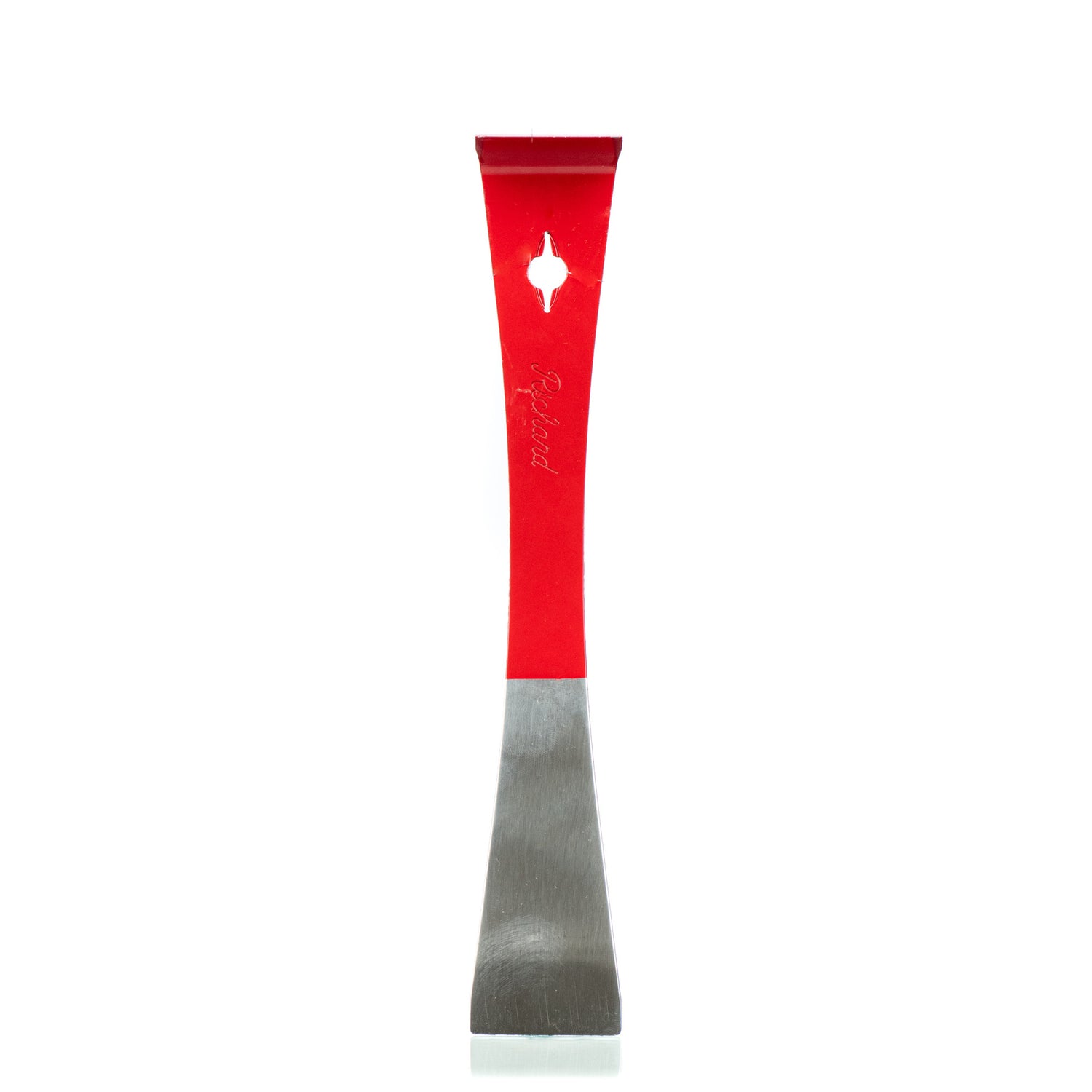 A 9 1/2 inch hive tool with a red handle and a gray steel head, designed for beekeeping activities on a white background.