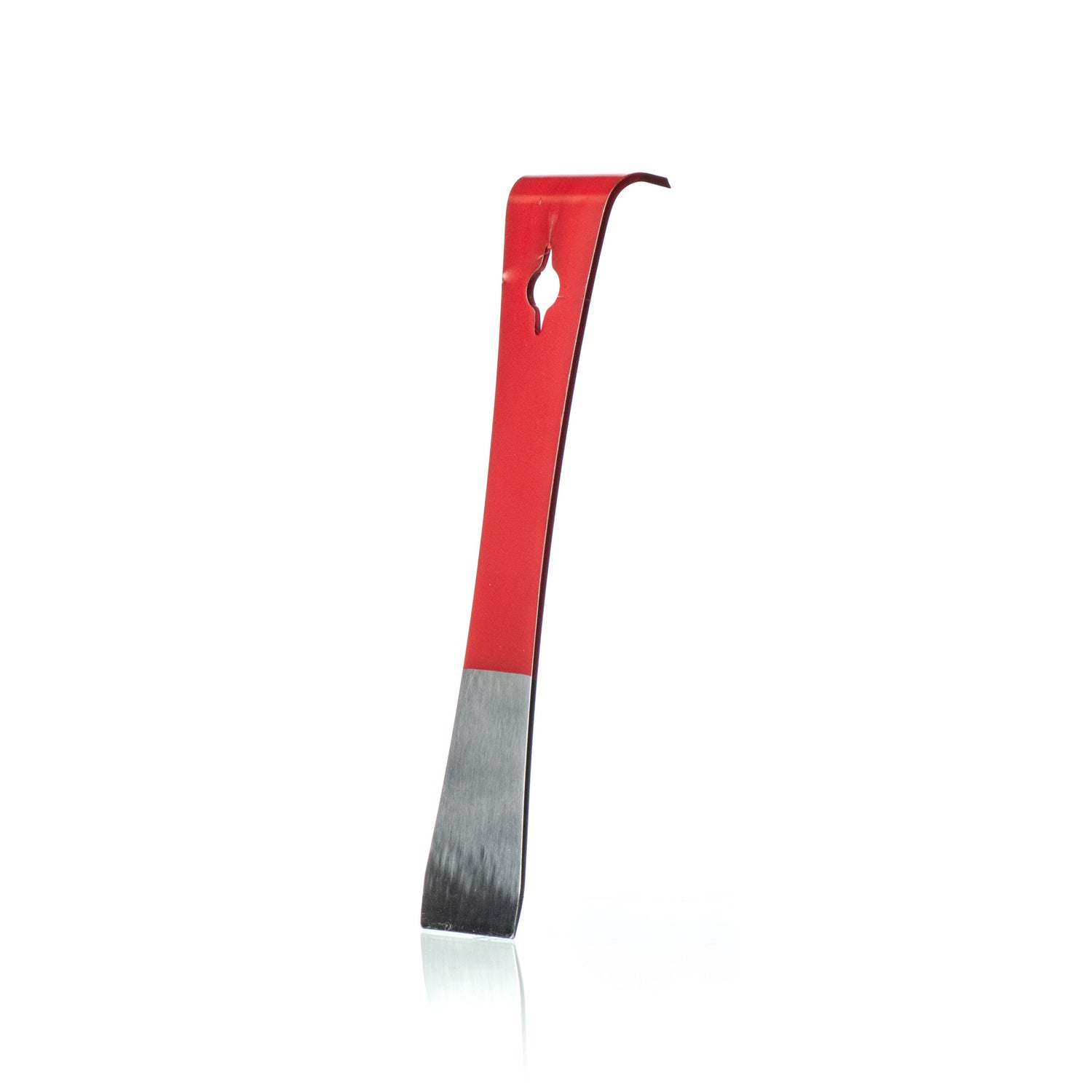 A side view of a 7 1/2 inch hive tool with a red handle and a gray steel head, designed for beekeeping activities on a white background.