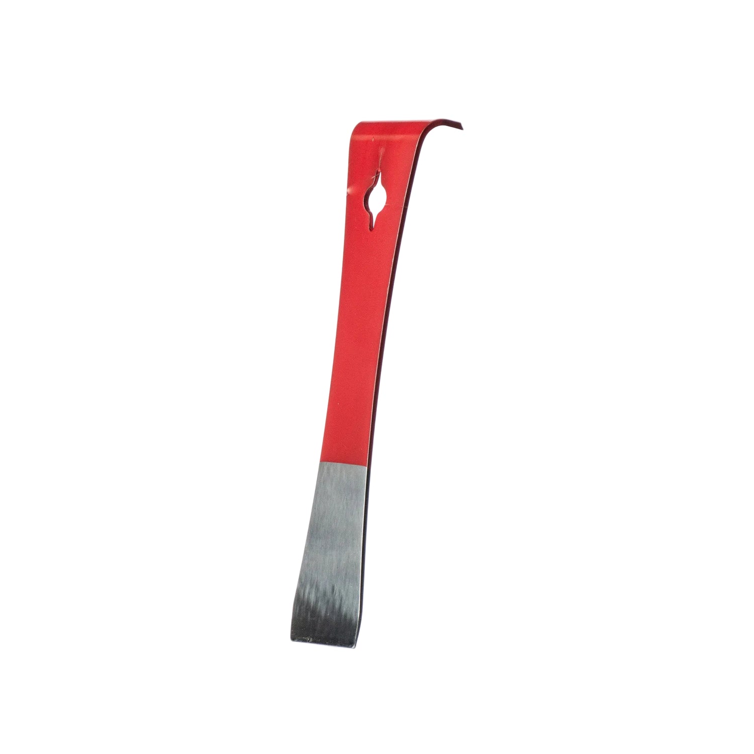 A side view of a 7 1/2 inch hive tool with a red handle and a gray steel head, designed for beekeeping activities on a white background.