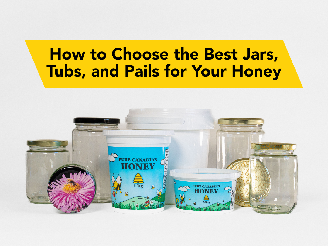 An image displaying various jars and pails used to store honey on a white background