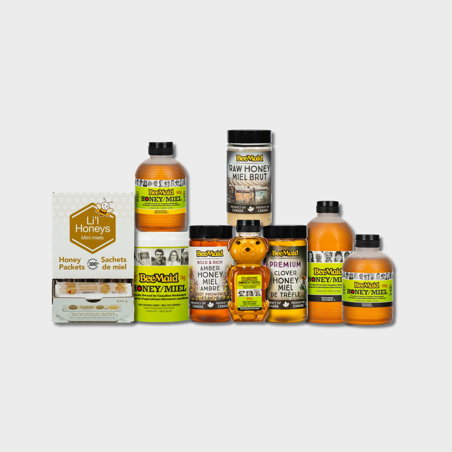A collage of BeeMaid Honey on a gray background