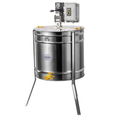 Stainless steel electric honey extractor with a motorized control box mounted on top. The extractor has a cylindrical drum, three angled metal legs, a yellow plastic honey gate near the bottom, and a Mann Lake Ltd. logo on the front.