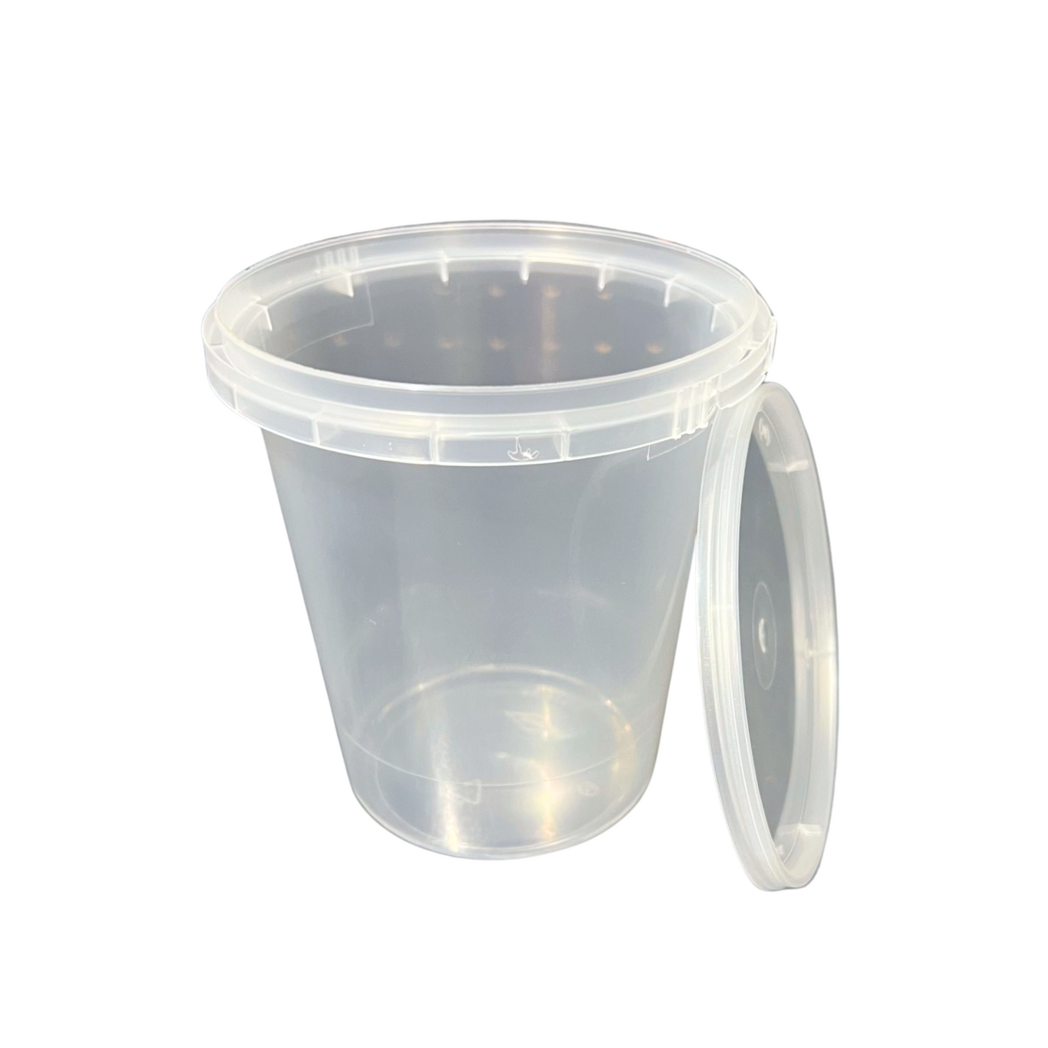 Clear 1 kg plastic container with a lid on a white background