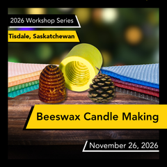 A graphic depicting a beeswax candle making workshop on November 26 at Tisdale Bee Maid Bee Supplies
