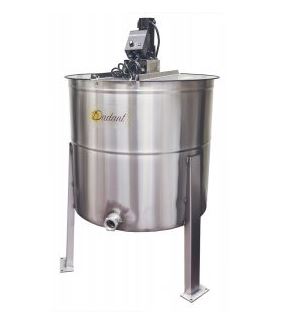 Stainless steel Dadant 20-frame electric honey extractor standing on three legs. The extractor features a large cylindrical tank with a bottom honey gate and a motorized control unit mounted on top