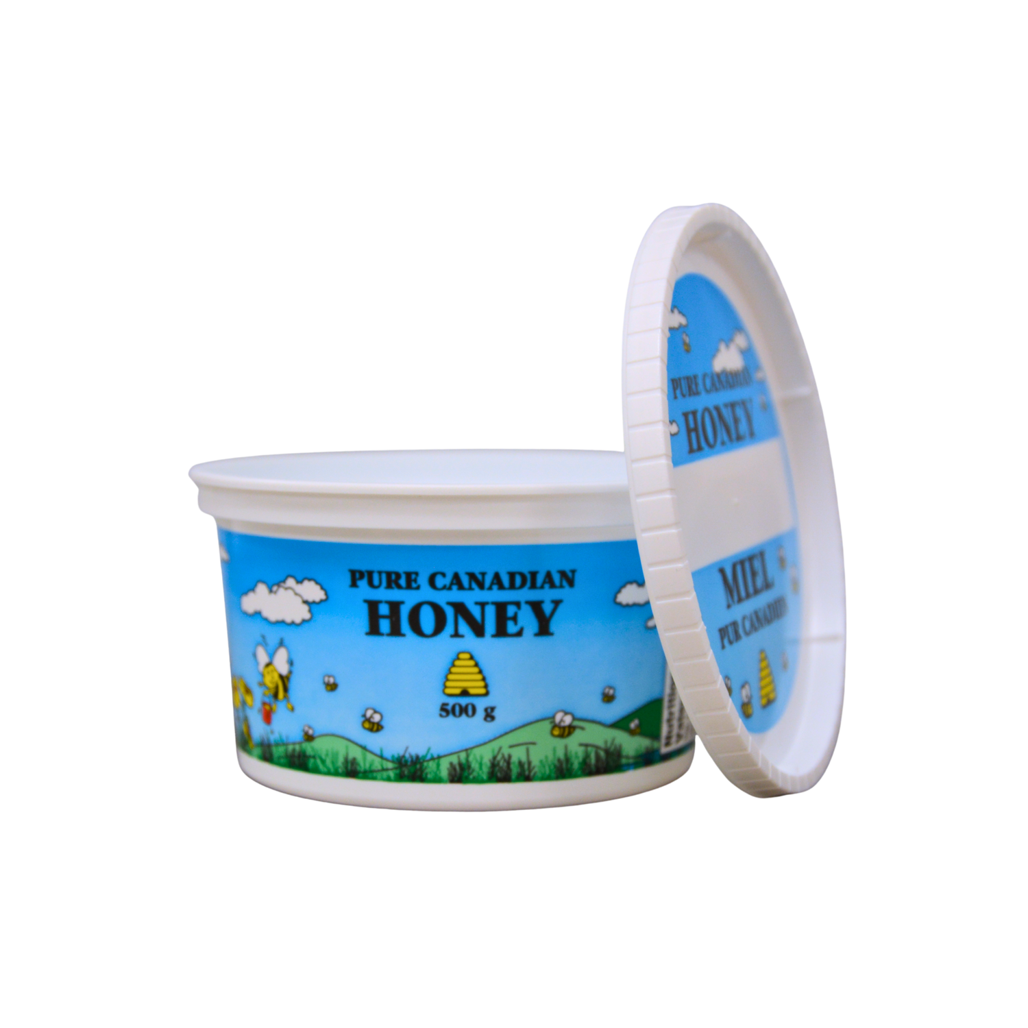 A 500-gram, white plastic container with text 