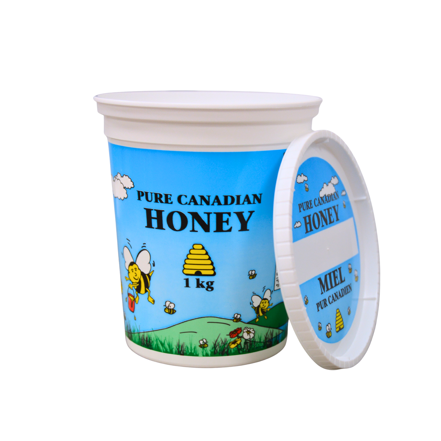 A 1-kilogram, white plastic container with text 