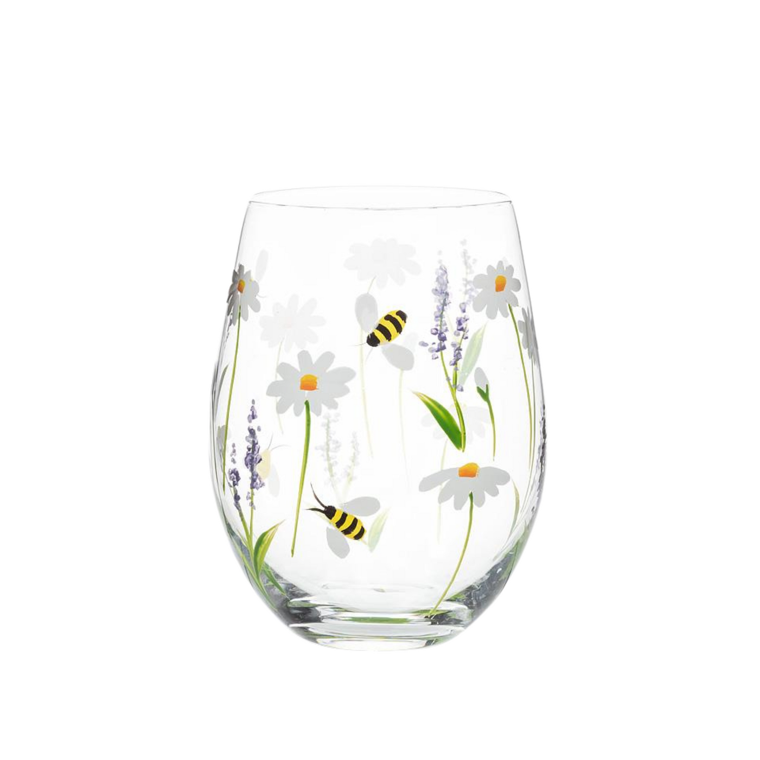 A clear stemless glass with hand-painted images of flowers and bees on a white background.