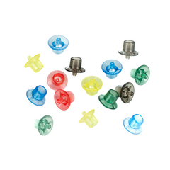 An assortment of plastic queen cell cups on a white background