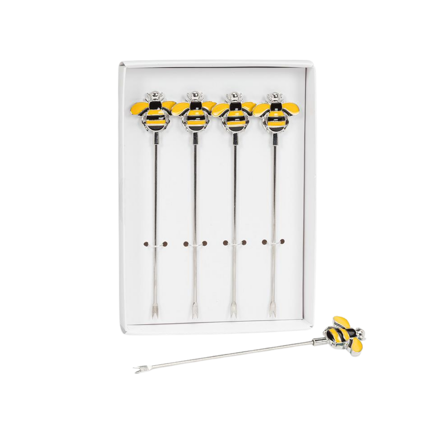 A set of 4 cocktail picks with bee designs on the end on a white background