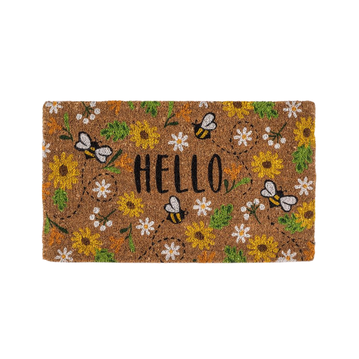 Doormat with floral patterns, bees, and 'HELLO' text on a white background