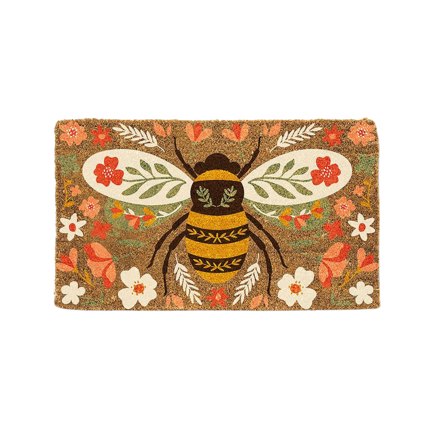 A doormat with a large bee design accompanied by florals on the outskirts on a white background. 
