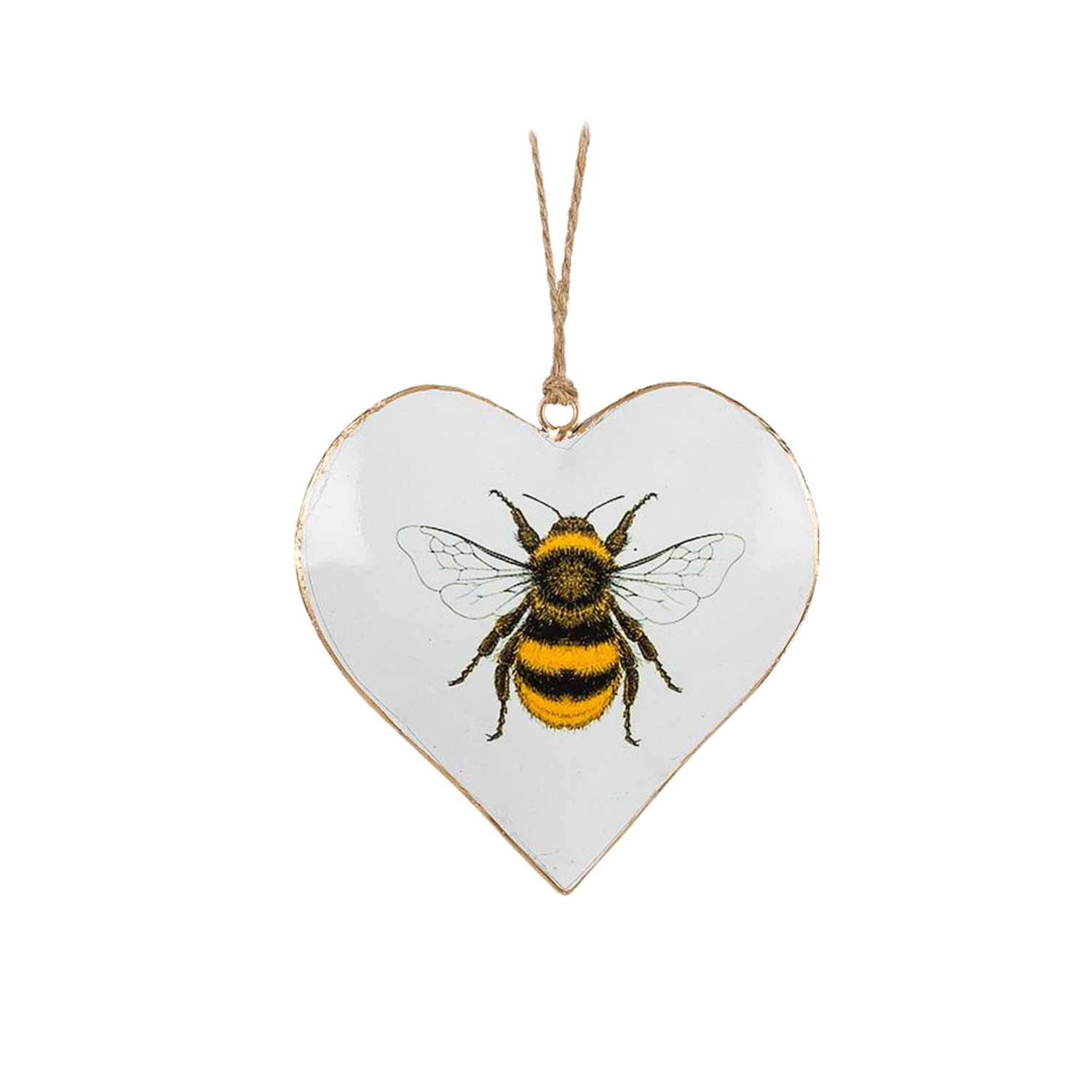 A heart-shaped ornament on a hand-welded metal base with a bee design on the centre on a white background