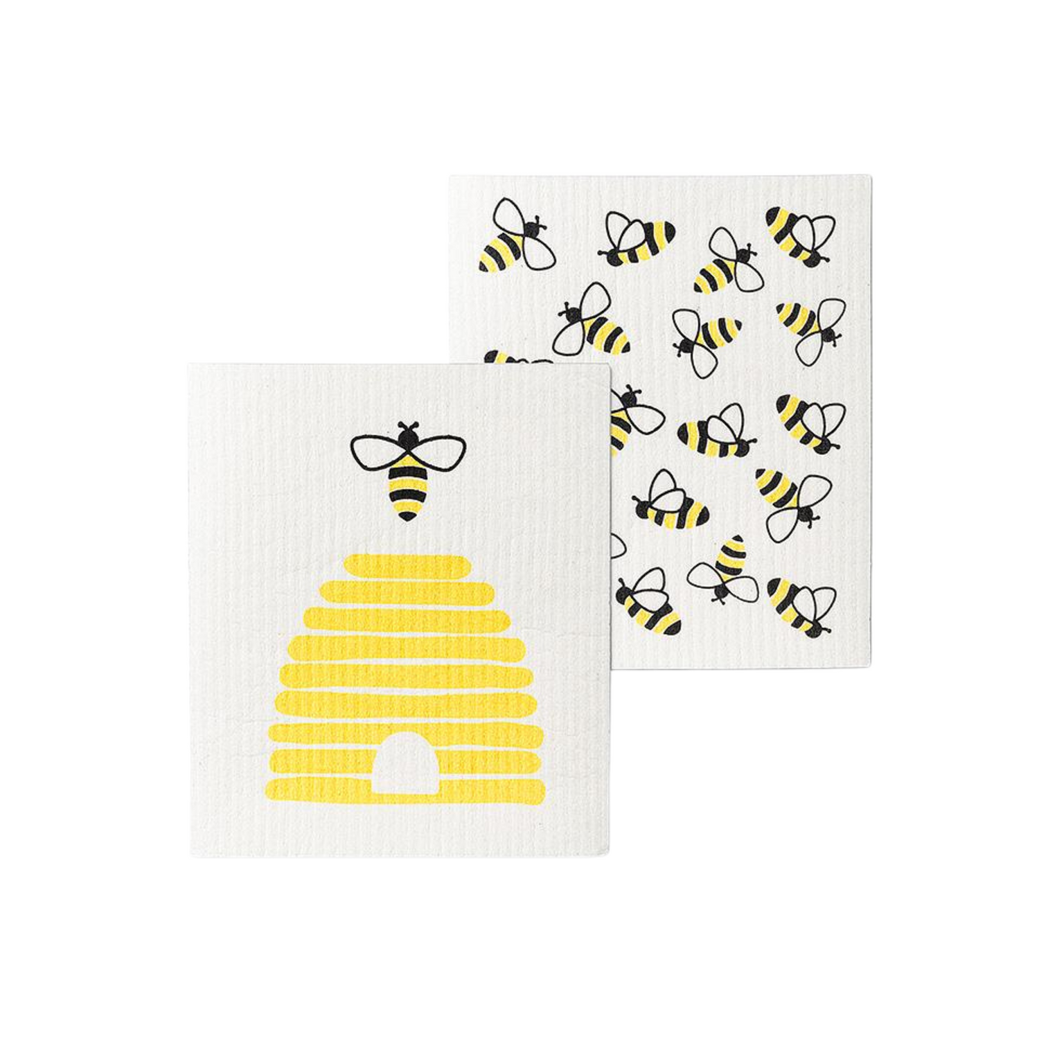 A set of 2 white Swedish dishcloths with bee and beehive motifs on a white background