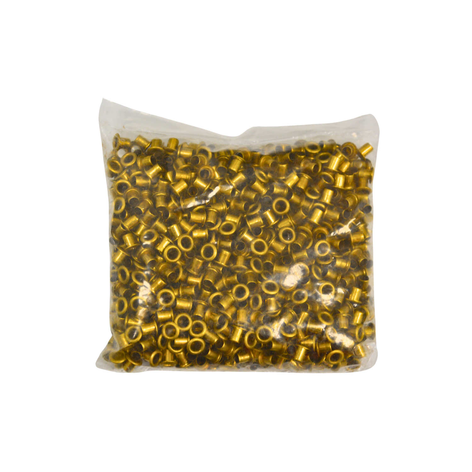 Bag of gold-coloured metal eyelets on a white background
