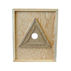 A wooden bee escape board with a circular opening in the middle on a white background