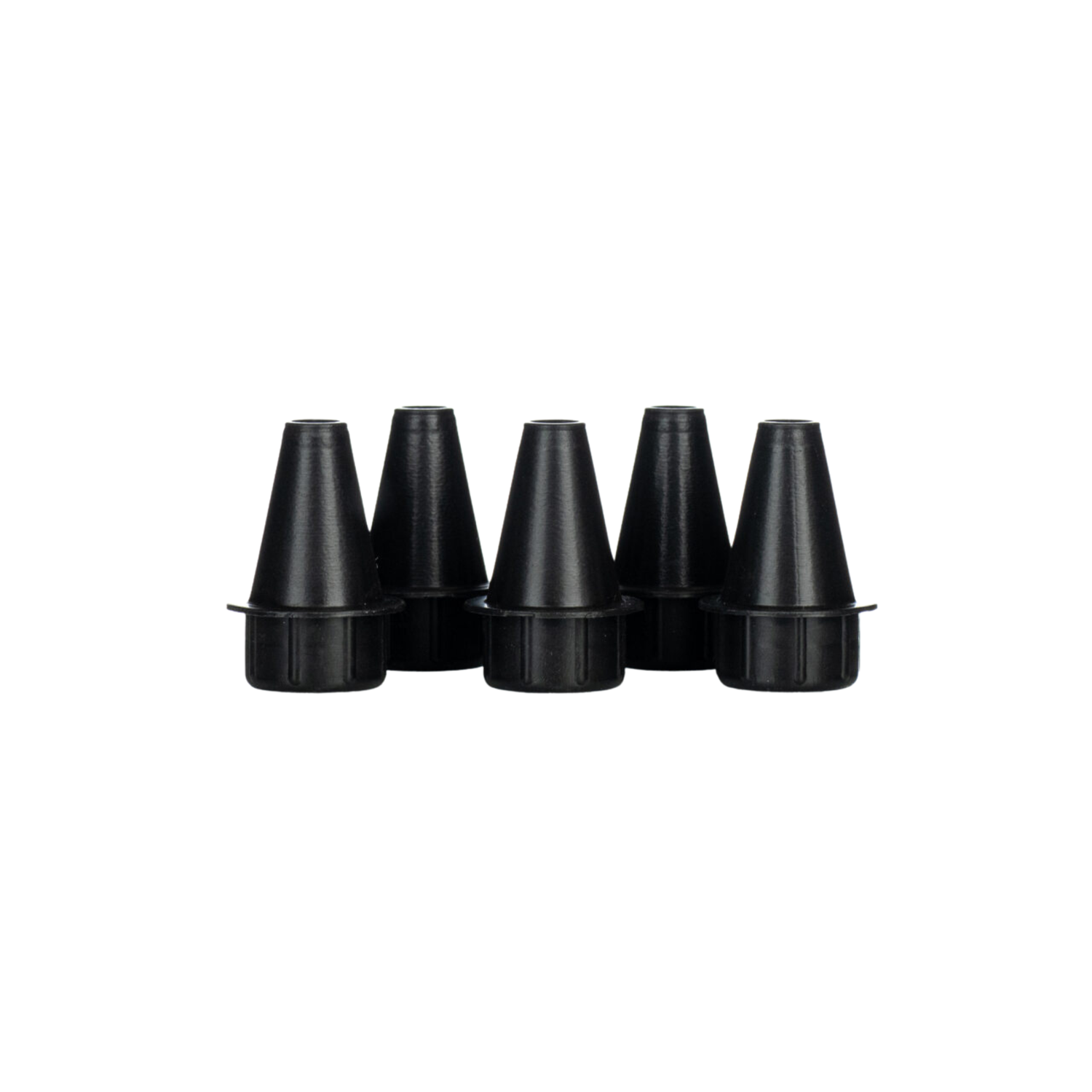 Five grey plastic cone style bee escape cones arranged in a row, each shaped like a small tapered funnel with a wider base and narrow top.