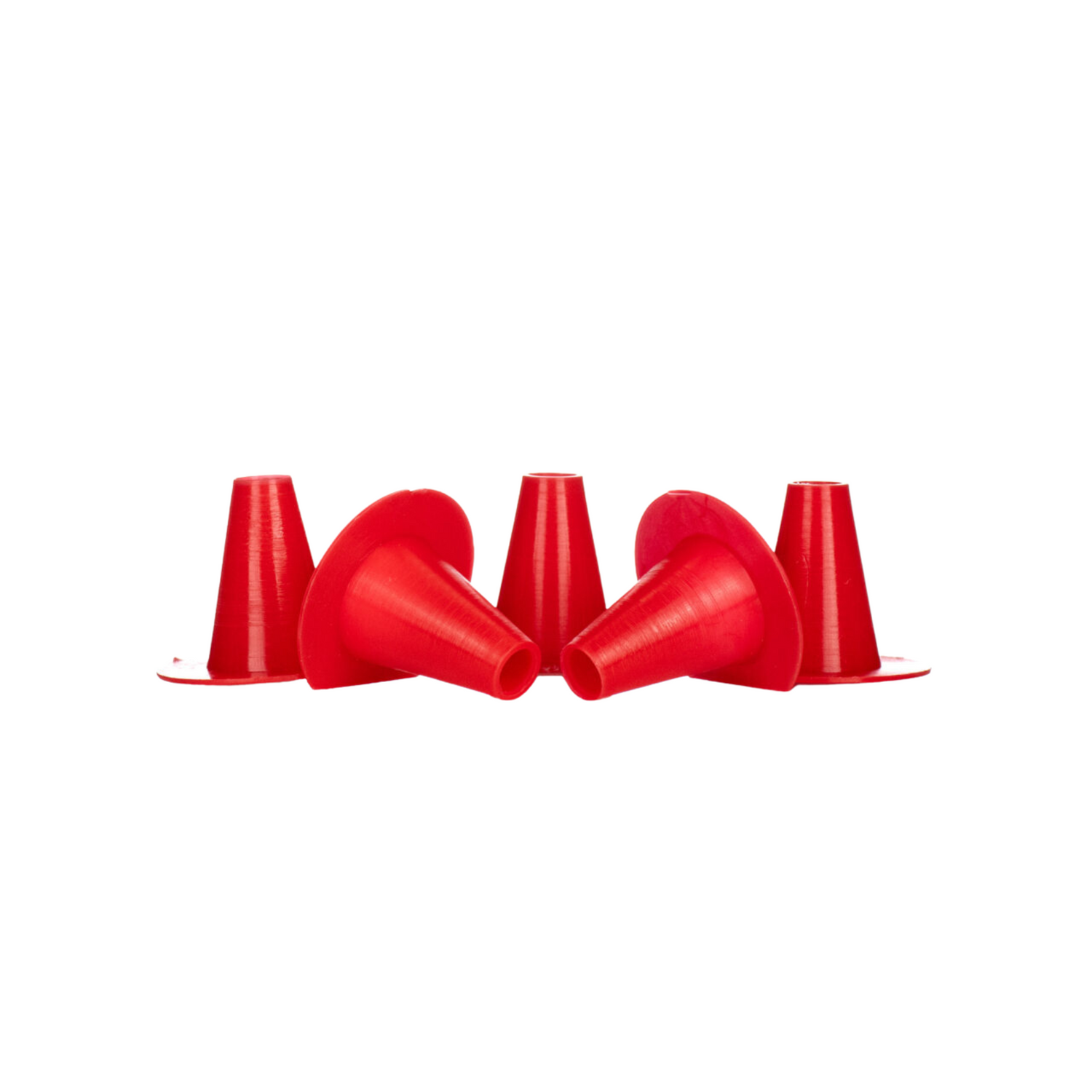 Red plastic cone-shaped bee escapes used to create your own bee escape boards on a white background