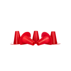 Red plastic cone-shaped bee escapes used to create your own bee escape boards on a white background