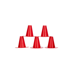 Red plastic cone-shaped bee escapes used to create your own bee escape boards on a white background