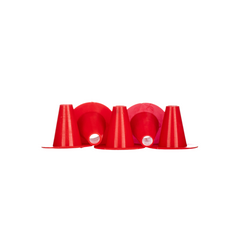 Red plastic cone-shaped bee escapes used to create your own bee escape boards on a white background