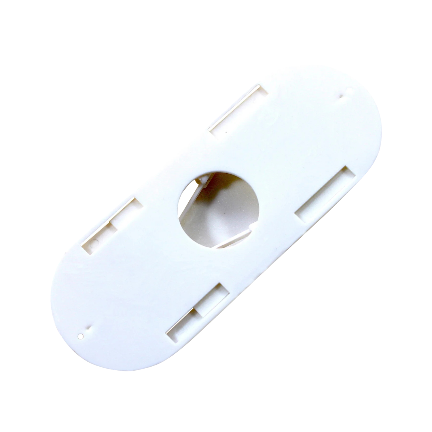 A white Porter-style bee escape made of plastic, featuring a flat square or rectangular plate with two spring-loaded escape channels in the center that allow bees to move in one direction but not return.