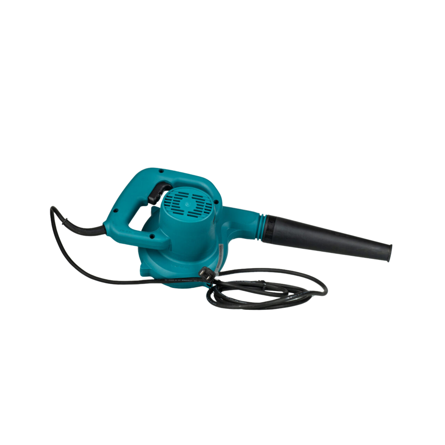 A blue Makita electric blower with a black nozzle and cable on a white background.