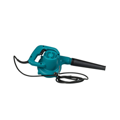 A blue Makita electric blower with a black nozzle and cable on a white background.