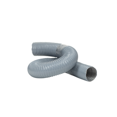 Gray heavy-duty coiled PVC hose arranged in a loop on a white background