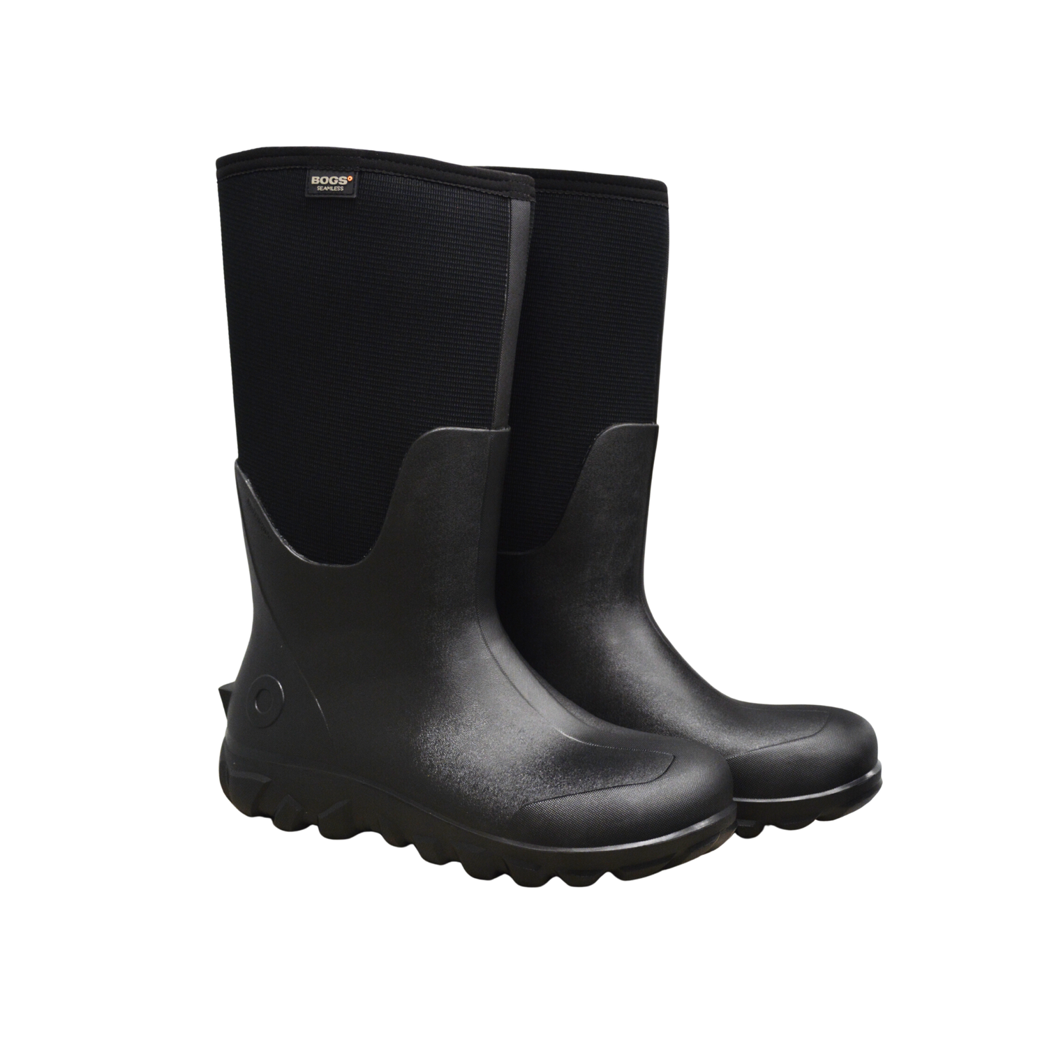 Pair of black rubber boots on a white background