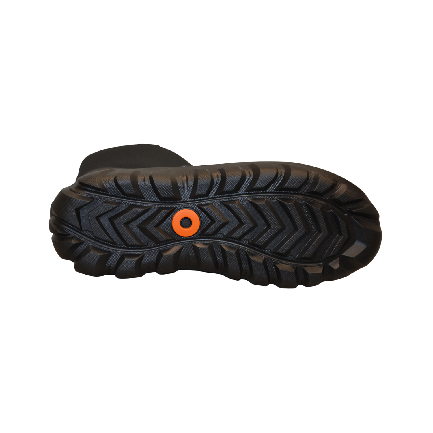The sole of a black rubber Bogs boot on a white background