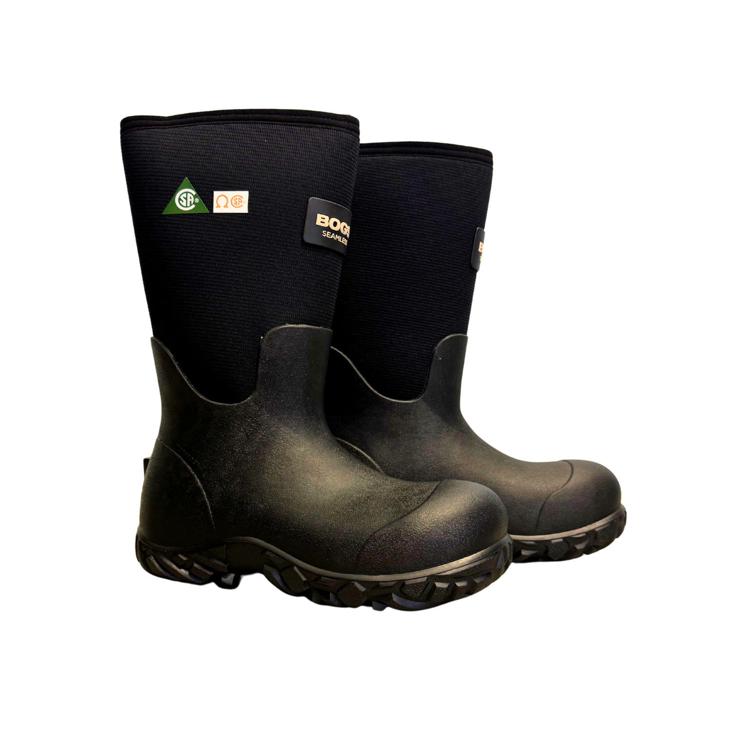 Pair of black rubber boots with visible branding on a white background