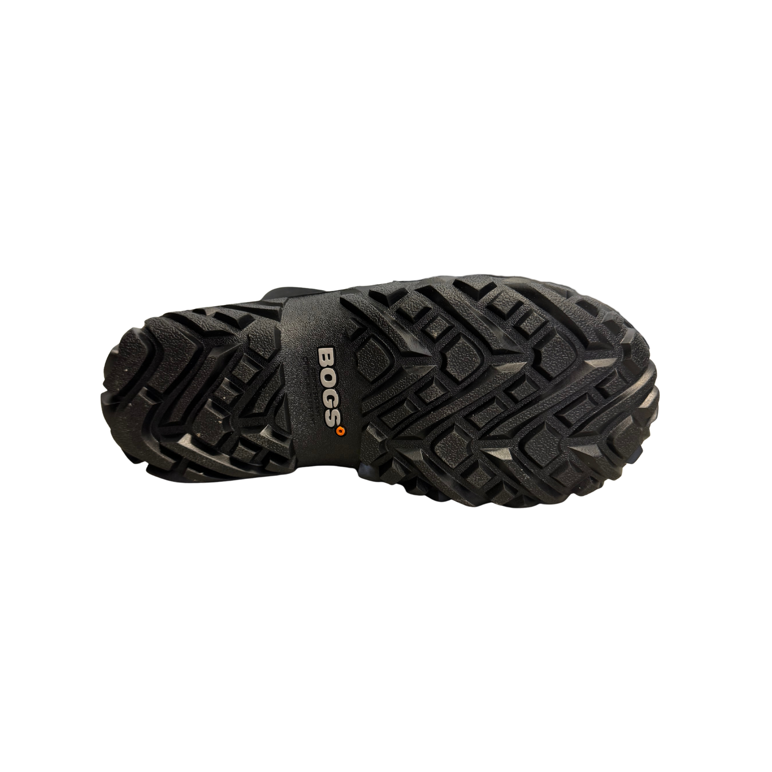 The sole of a black rubber Bogs boot on a white background