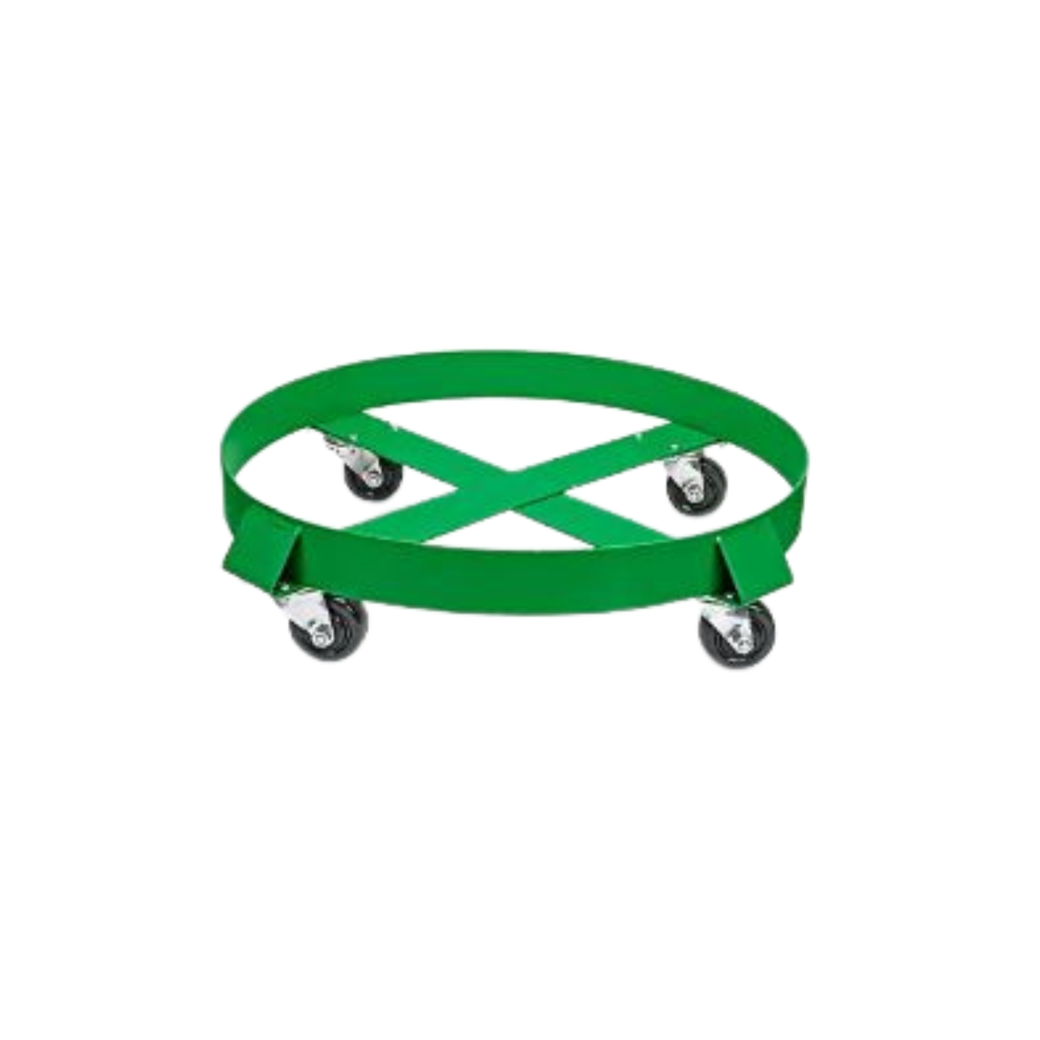 Green metal drum dolly with a circular frame, cross-support design, and four swivel caster wheels.