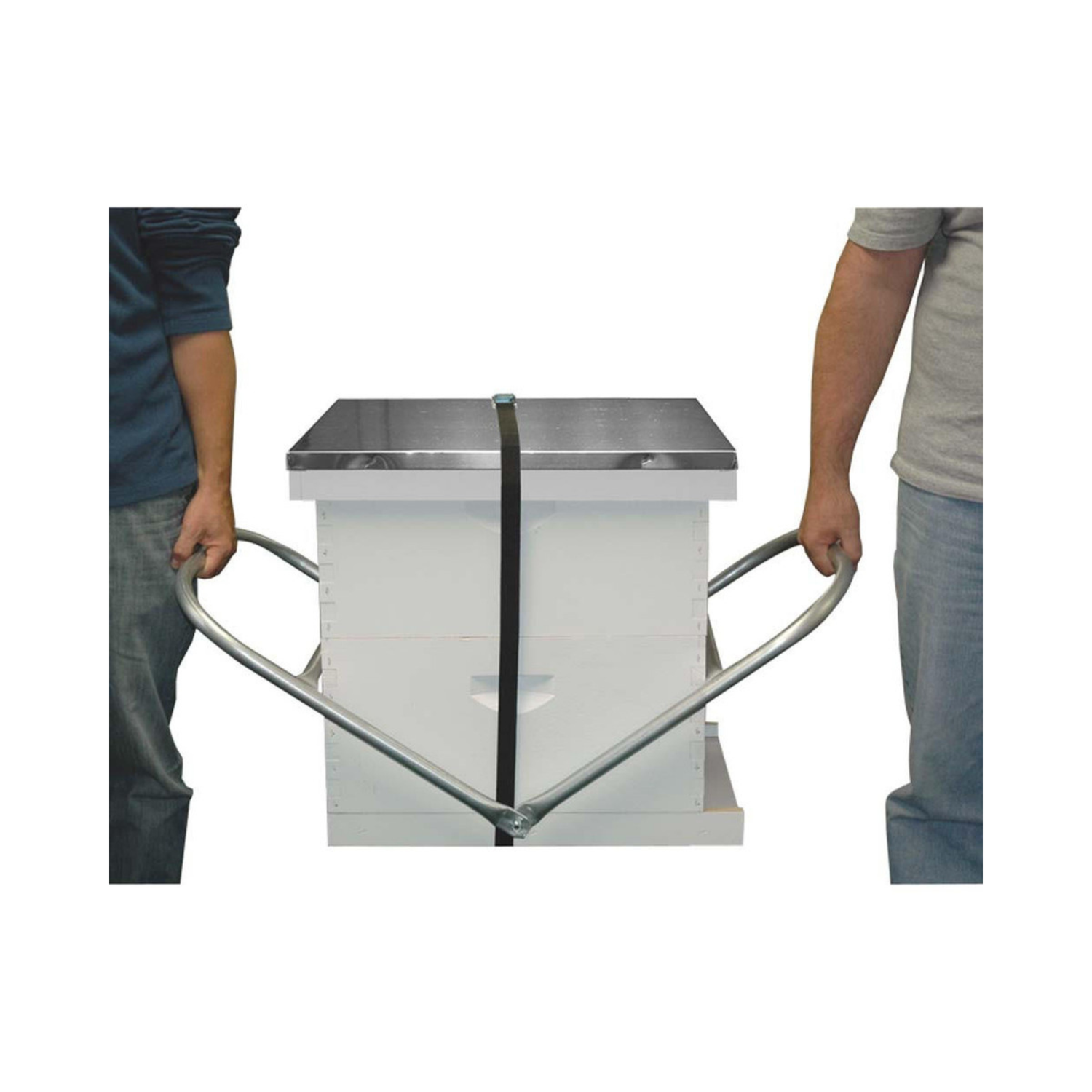 Two people lifting a hive with a hive carrier on a white background