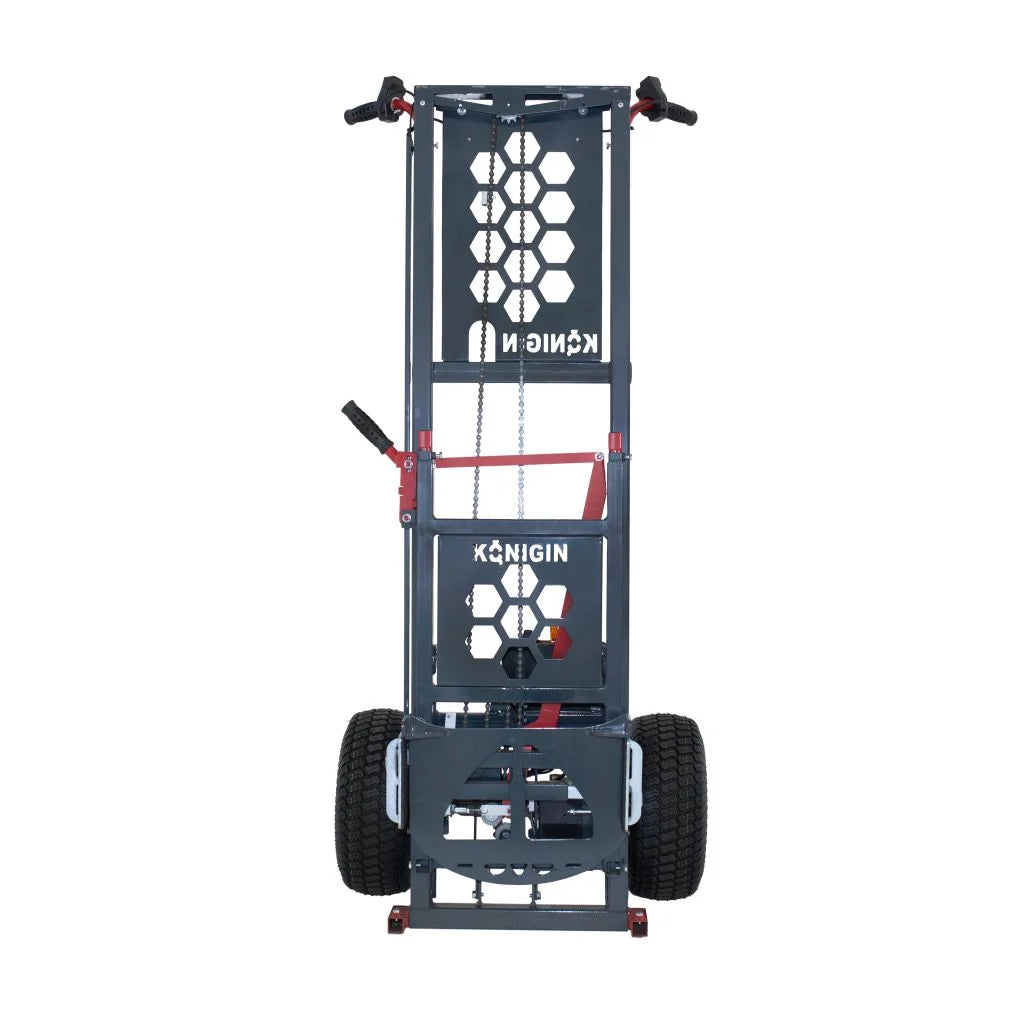 A Konigin industrial pallet jack with a dark gray steel frame, black wheels, and red accents on a white background