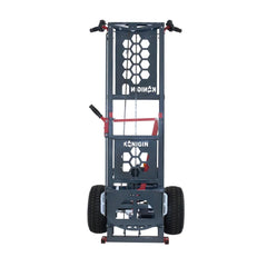 A Konigin industrial pallet jack with a dark gray steel frame, black wheels, and red accents on a white background
