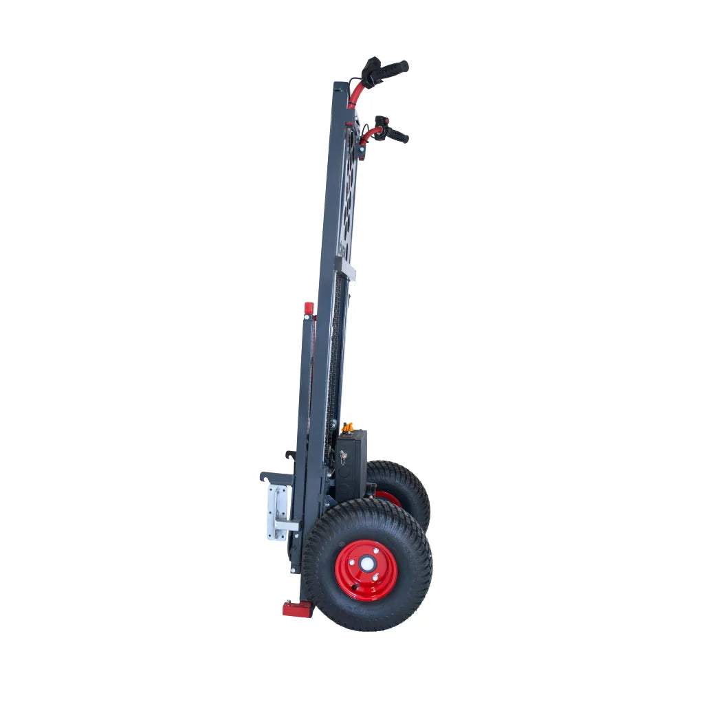 A Konigin industrial pallet jack with a dark gray steel frame, black wheels, and red accents on a white background