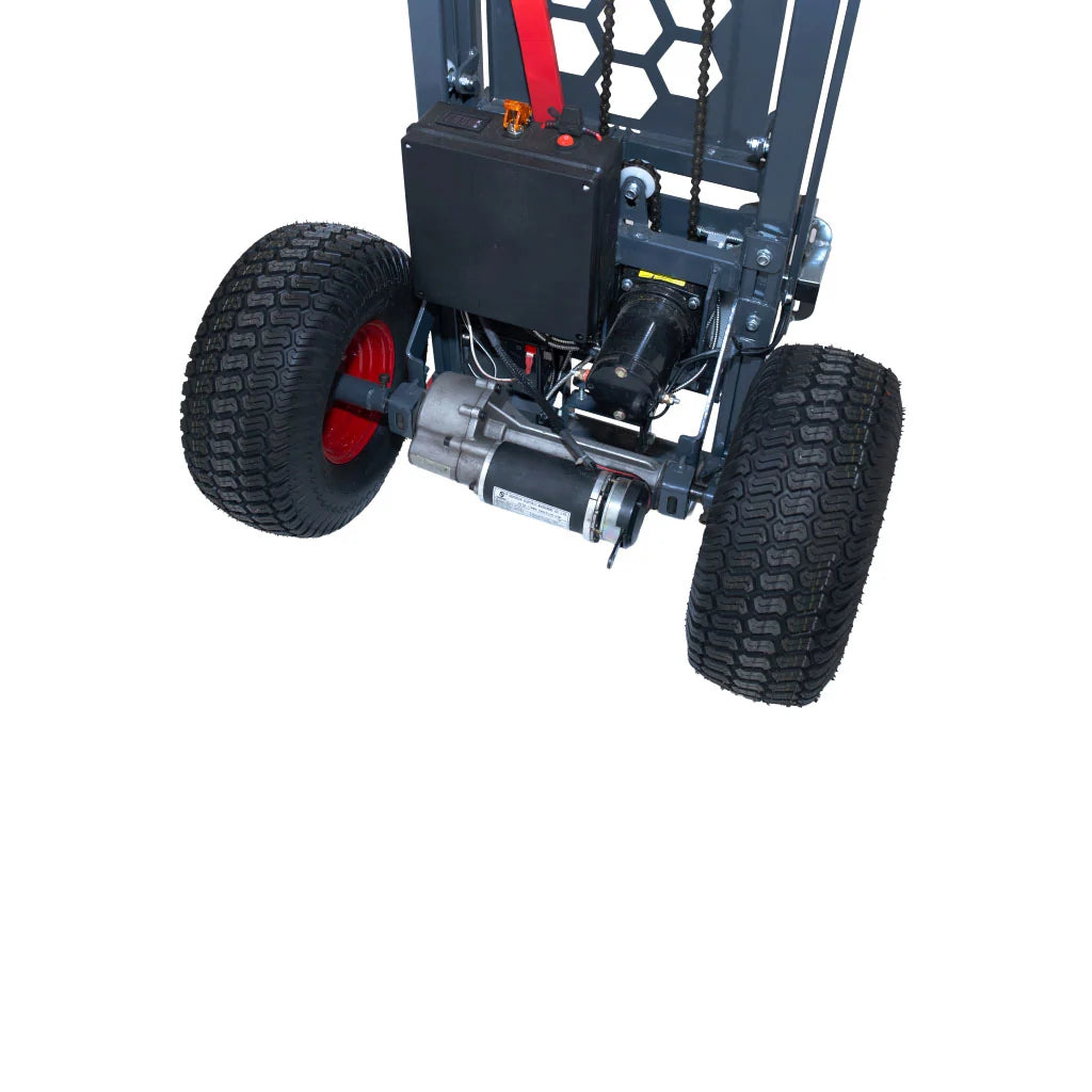 A Konigin industrial pallet jack with a dark gray steel frame, black wheels, and red accents on a white background