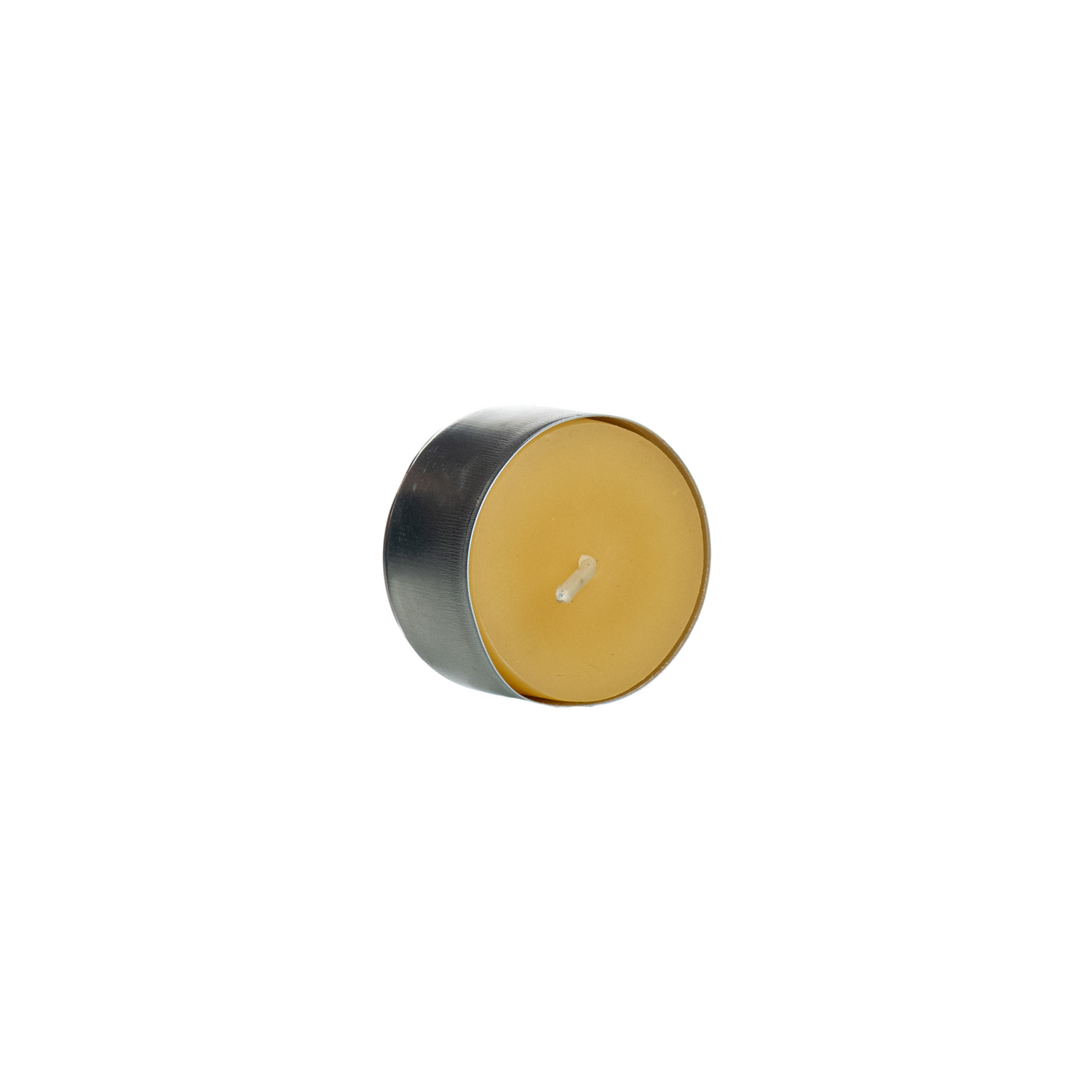Yellow tealight candle in a metal holder on a white background