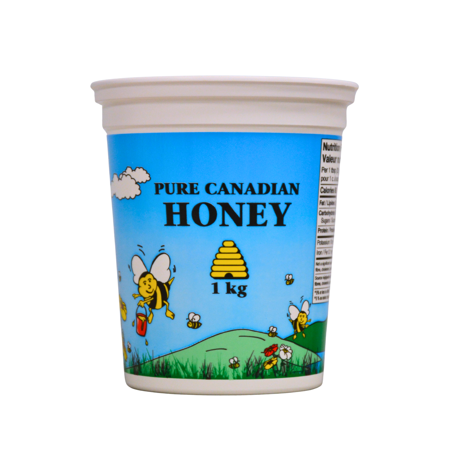 A 1-kilogram plastic container with a white lid, featuring a label with the text 'PURE CANADIAN HONEY' and an illustration of bees and a honeycomb.