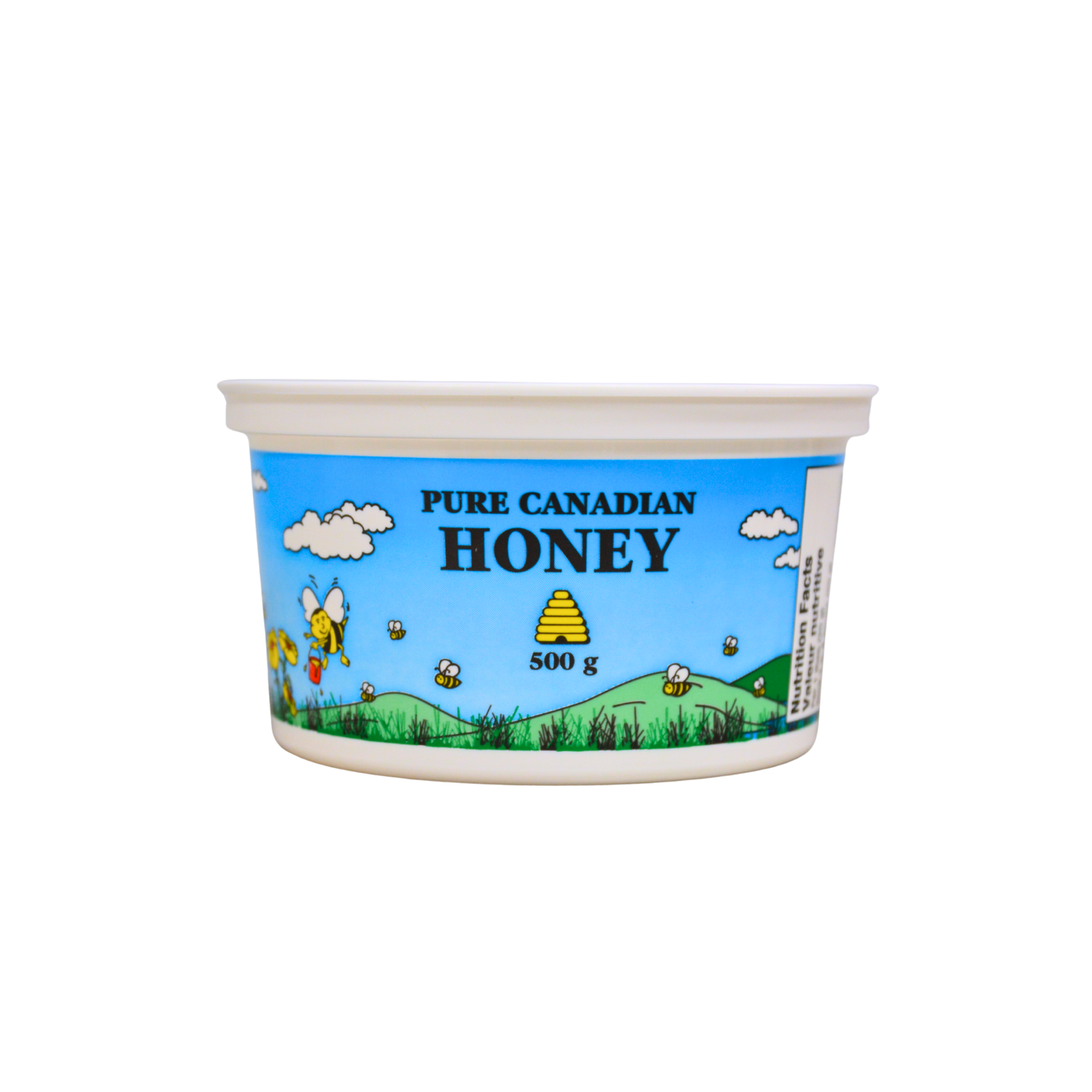 A 500-gram plastic container with a white lid, featuring a label with the text 'PURE CANADIAN HONEY' and an illustration of bees and a honeycomb.