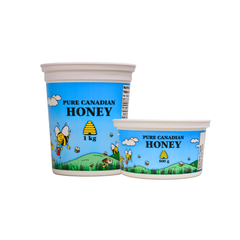 Two blue containers with text "Pure Canadian Honey" with bee illustrations on a white background