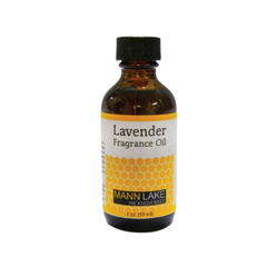 Bottle of lavender fragrance oil with a yellow label on a white background