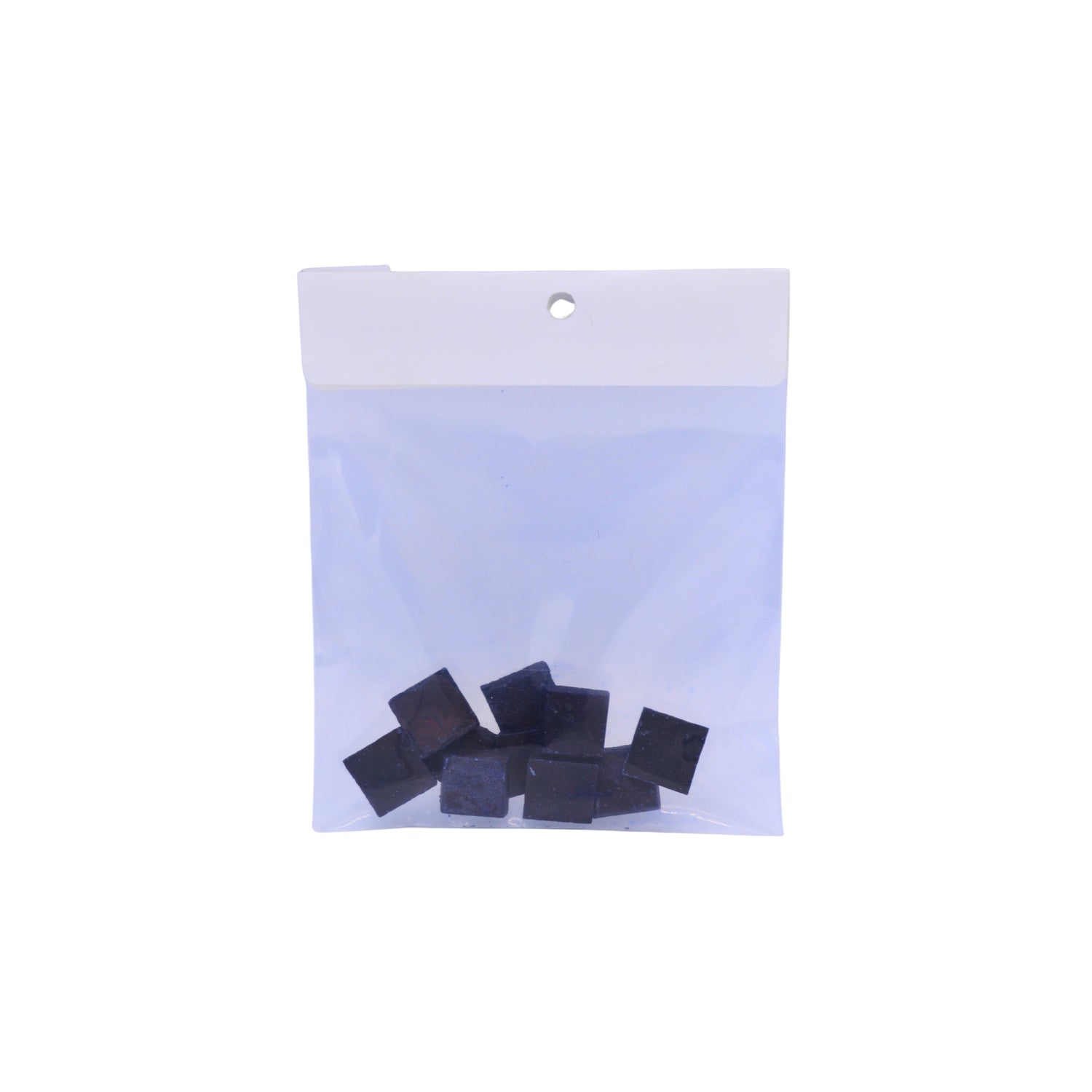 A clear plastic bag with several blue coloured dye buds shown on a plain white background.