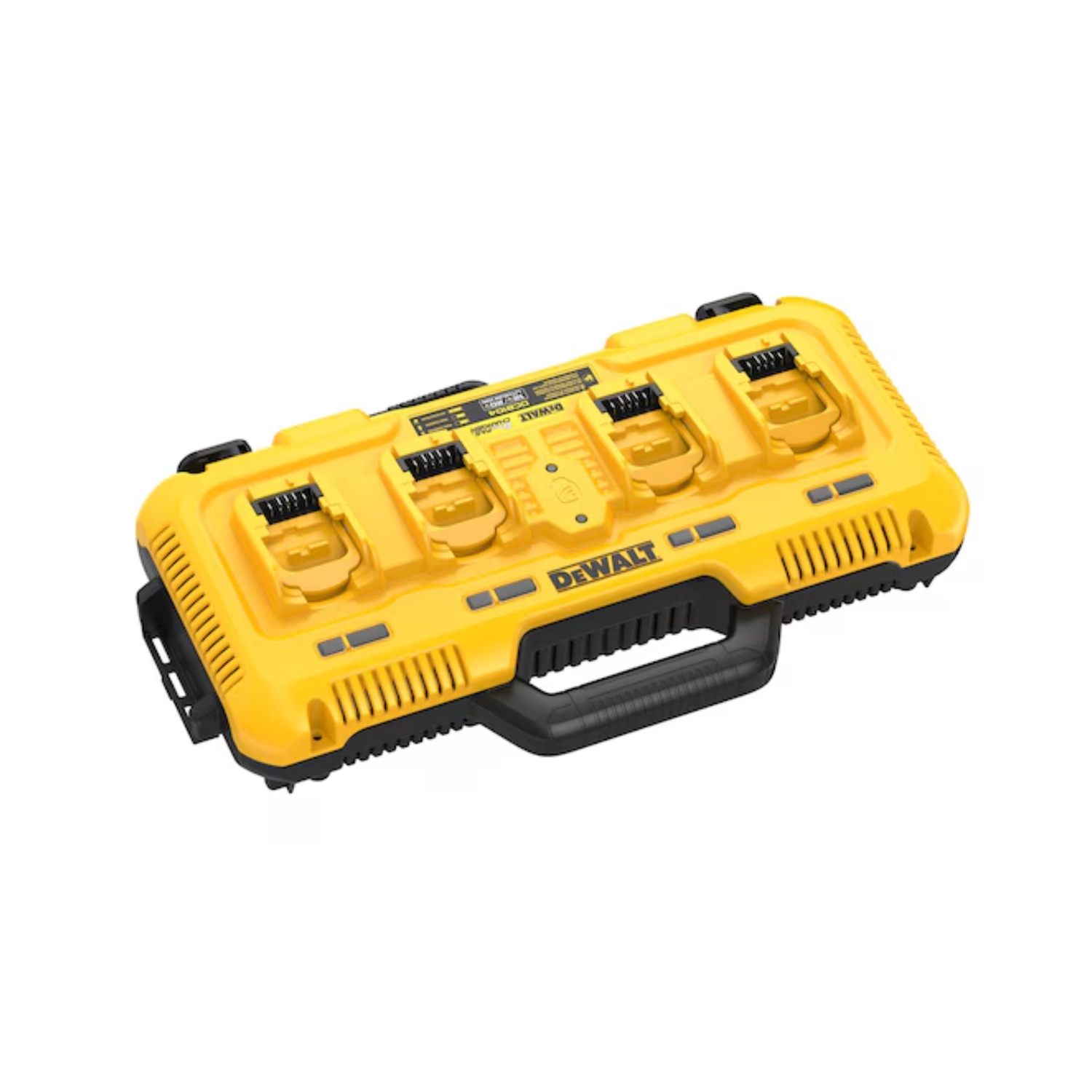 Yellow Dewalt tool charger with multiple compartments on a white background